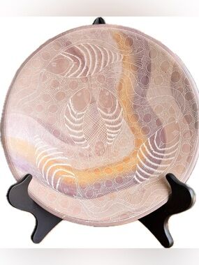 Pink& Lavender Soapstone Carved 10” plate with Fish & Stream Handmade Like New